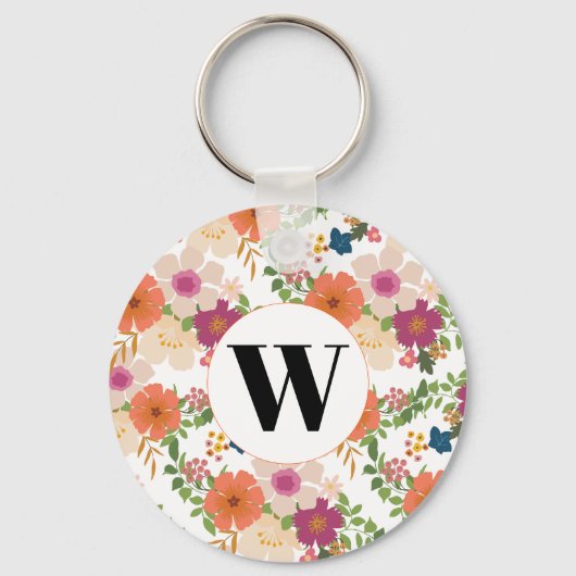 Monogram Oranje Floral Waterverf Sleutelhanger (Voorkant)