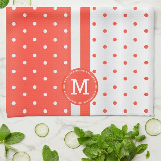 Monogram Oranje koraal en witte polka dot Theedoek (Gevouwen)