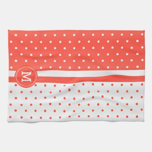 Monogram Oranje koraal en witte polka dot Theedoek (Horizontaal)