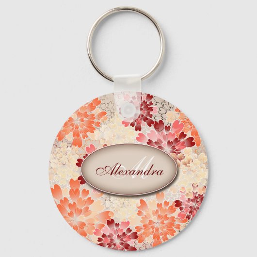 Monogram Oranje Rood- en Cream Flowers Retro Sleutelhanger (Voorkant)