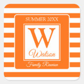 Monogram Oranje Strepen Zomer Familiebijeenkomst Vierkante Sticker (Voorkant)