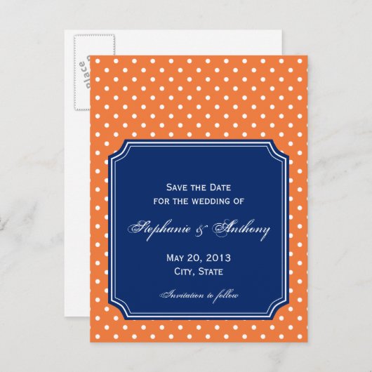 Monogram Oranje, Witte Polka Dot met Royal Blue Aankondigingskaart (Voorkant / Achterkant)