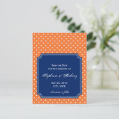 Monogram Oranje, Witte Polka Dot met Royal Blue Aankondigingskaart (Staand voorkant)