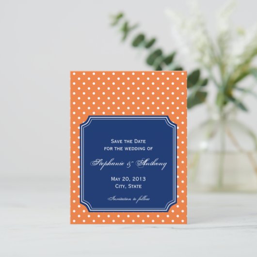 Monogram Oranje, Witte Polka Dot met Royal Blue Aankondigingskaart (Staand voorkant)