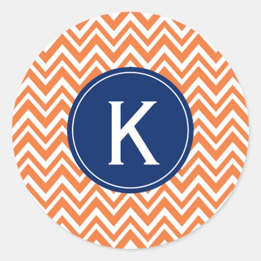 Monogram Oranje Zigzag Patroon Ronde Sticker (Voorkant)