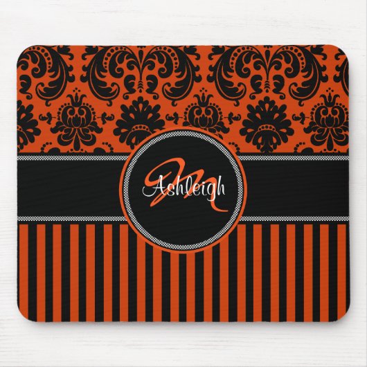 Monogram Oranje Zwarte Witte Stripe Damask Mousepa Muismat (Voorkant)