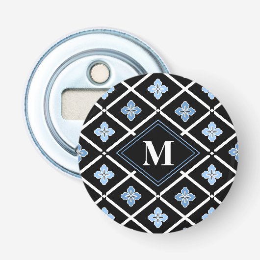 Monogram Oriental Blue Sakura Pattern Button Flesopener (Voorkant)