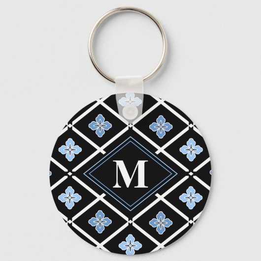Monogram Oriental Blue Sakura Pattern Sleutelhanger (Voorkant)