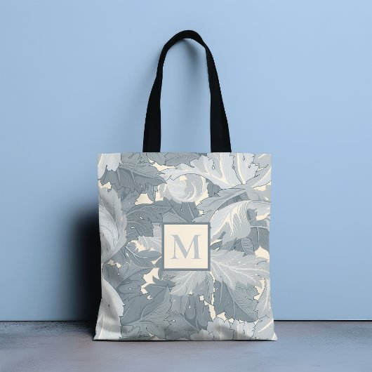 Monogram Ornamentale Retro Grijze Bloemenbladeren Tote Bag