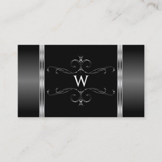 Monogram Ornamenten voor moderne zwarte en zilver Visitekaartje (Voorkant)