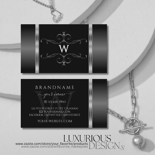 Monogram  Ornamenten voor moderne zwarte en zilver Visitekaartje