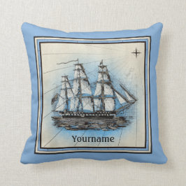 Monogram Oud schip  Blauw Nautical Compass Kussen