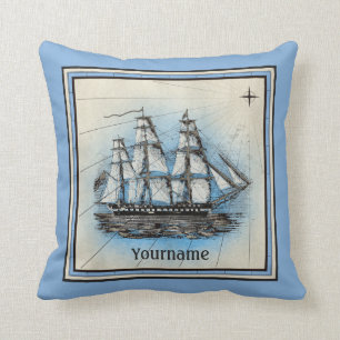 Monogram Oud schip Blauw Nautical Compass Kussen