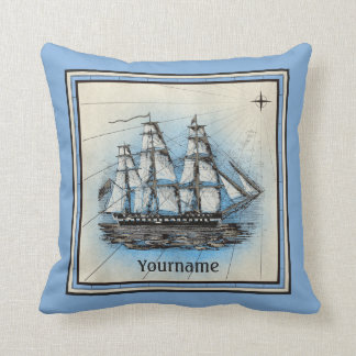 Monogram Oud schip Blauw Nautical Compass Kussen