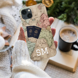 Monogram Oude Antieke Kaart & Paspoort Vakantie Case-Mate iPhone Case
