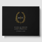 Monogram ovaal blad hart zwart wit bruiloft gastenboek (Voorkant)