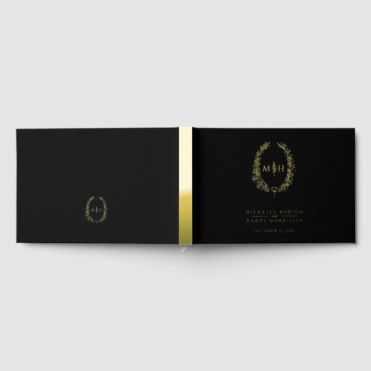 Monogram ovaal laat gouden zwarte bruiloft gastenboek (Volledig)