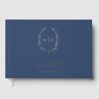 Monogram oval leaves blue silver wedding  gastenboek