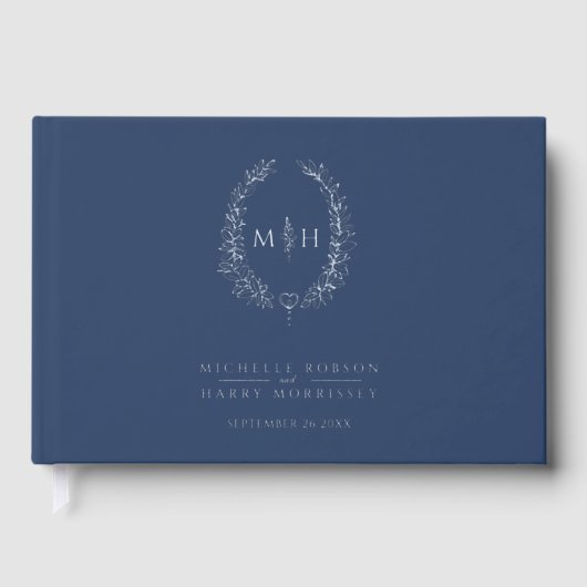 Monogram oval leaves blue silver wedding  gastenboek (Voorkant)