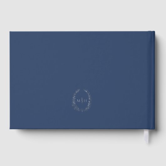 Monogram oval leaves blue silver wedding  gastenboek (Achterkant)