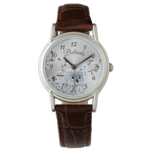 Monogram Owl Blue Silver Cherry Blossom Numbers Horloge