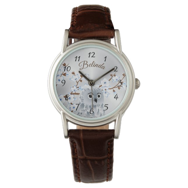 Monogram Owl Blue Silver Cherry Blossom Numbers Horloge (Voorkant)