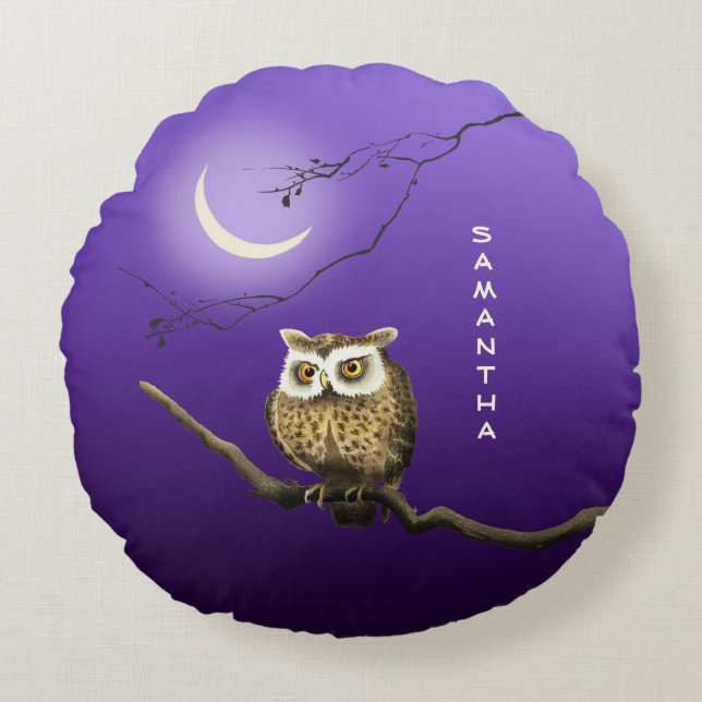 Monogram Owl Night Moon Dark Blue Sierkussen Rond Kussen (Voorkant)