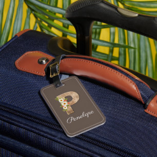 Monogram P bruine houten letter bloem bagagelabel