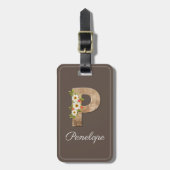 Monogram P bruine houten letter bloem bagagelabel (Voorkant verticaal)