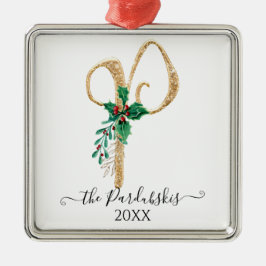 Monogram P Glitter Gold Kerstmis Holly Foliage Metalen Ornament