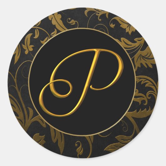 Monogram P Goud en Zwart Damast Wedding Seal Ronde Sticker (Voorkant)