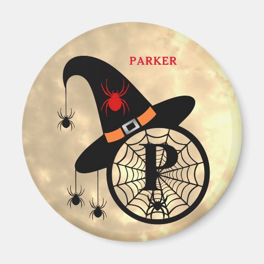 Monogram P Halloween Sky Witch Spiders Naam Magnet (Voorkant)