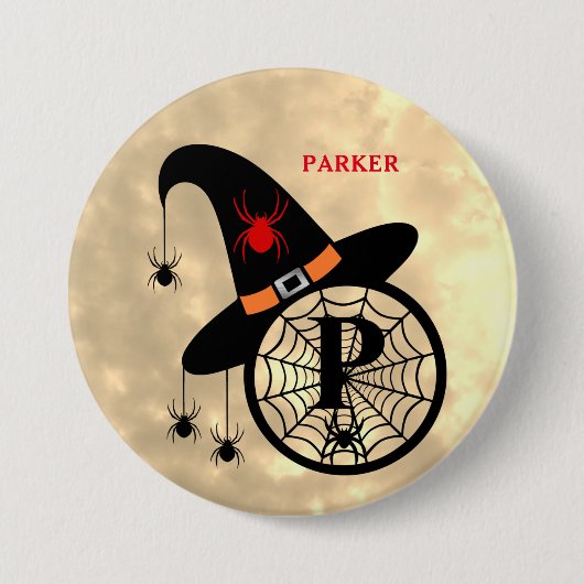 Monogram P Halloween Sky Witch Spiders Name Button (Voorkant)