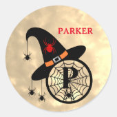 Monogram P Halloween Sky Witch Spiders Name Ronde Sticker (Voorkant)