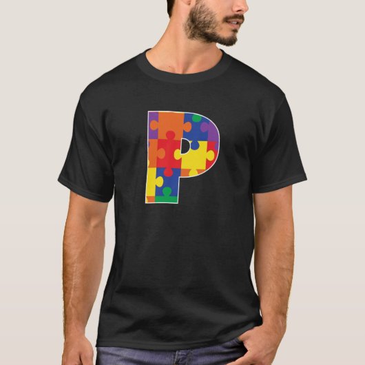 Monogram P in Multi Color Puzzle Pieces T-shirt (Voorkant)