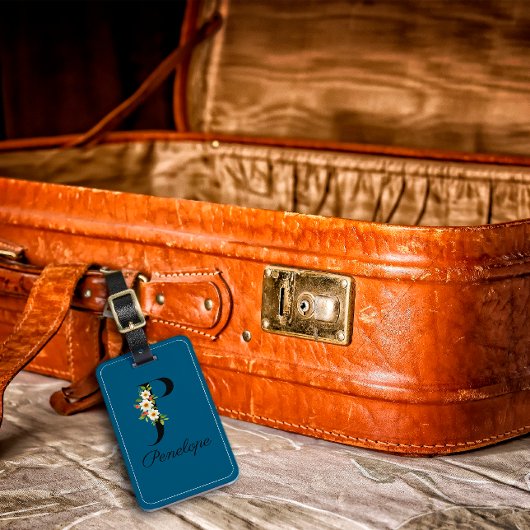 Monogram P kobalt waterverf bloem Bagagelabel