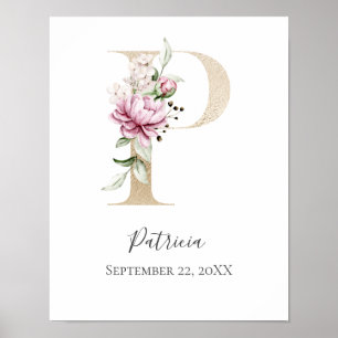 Monogram P Roze Wit Bloemendecor Gouden Letter Kin Poster