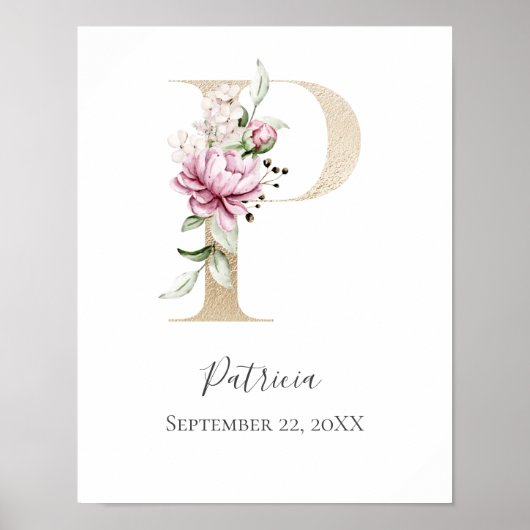 Monogram P Roze Wit Bloemendecor Gouden Letter Kin Poster (Voorkant)