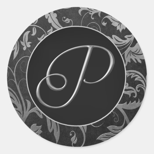 Monogram P Zilver en Zwart Damast Bruiloft Seal Ronde Sticker (Voorkant)
