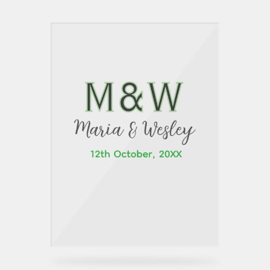 Monogram paar grijs groen moderne romantische date acryl bord (Voorkant)