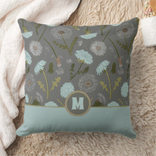Monogram paardenbloem bloemen grijs blauw kussen