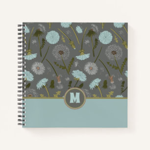 Monogram paardenbloem bloemen grijs blauw notitieboek