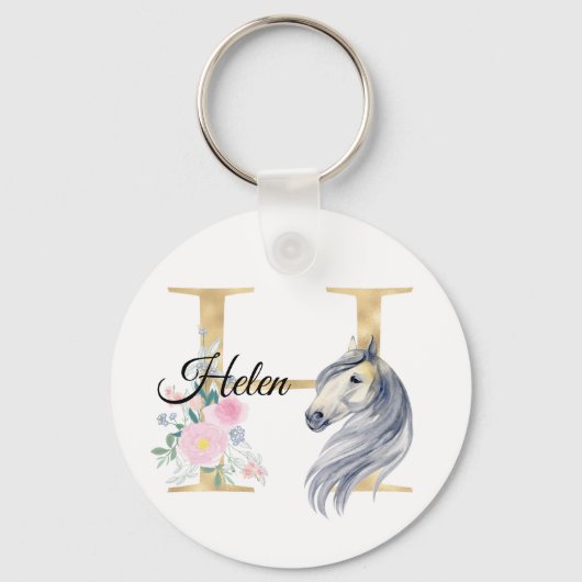 Monogram paardenpaardje met een schattige bloemrij sleutelhanger (Voorkant)