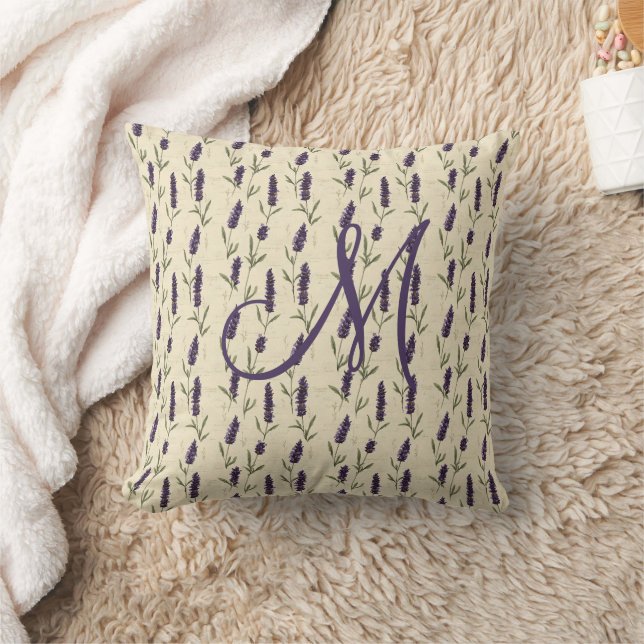 Monogram Paars Beige Bloemendesign Kussen (Deken)