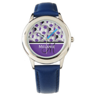Monogram Paars Black Voetbal Patroon Horloge