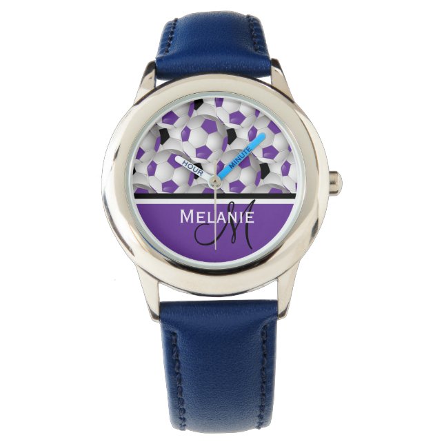 Monogram Paars Black Voetbal Patroon Horloge (Voorkant)