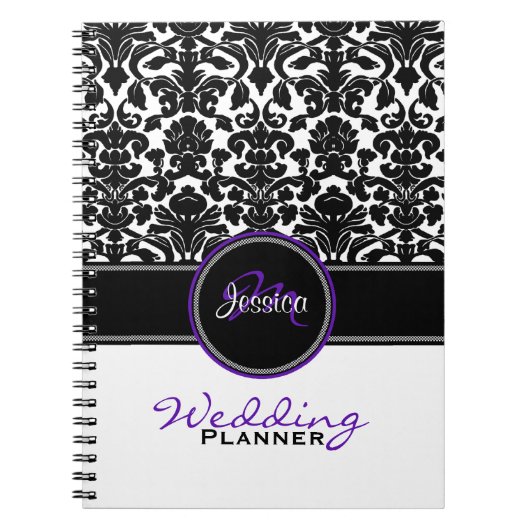 Monogram Paars Black White Damask Wedding Planner Notitieboek (Voorkant)