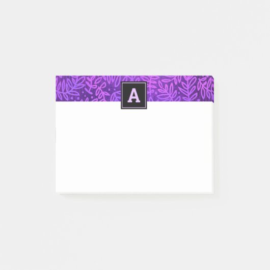 Monogram paars blad botanisch patroon gedurfd mode post-it® notes (Voorkant)
