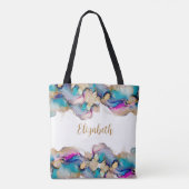 Monogram Paars Blauw Goud Aquarel Alcoholinkt Tote Bag (Achterkant)