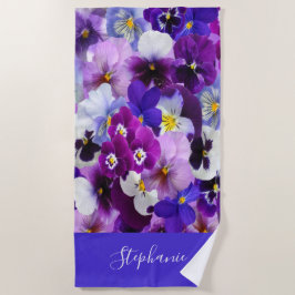 Monogram Paars Blauw Witte Bloemige Viooltjes Bloe Strandlaken